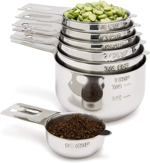 Stainless Steel Measuring Cups 7 Piece with 1/8 Cup Coffee Scoop by Simply Gourmet. Stainless Steel Measuring Cup Set. Metal Measuring Cups Perfect as Birthday or Christmas Gift for Mom or Cooks